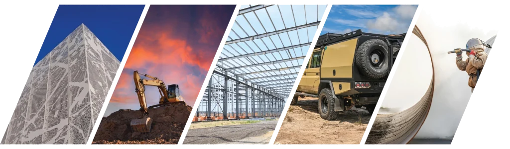 A banner image of 5 photos: A Highrise tower, An excavator, Metal structural framework, Powder Coated outback 4wd vehicle, a man abrasive blasting a industrial pipe.